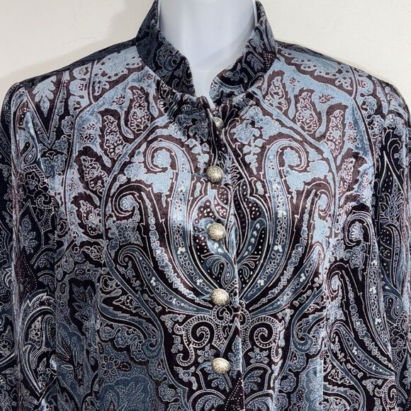 Coldwater Creek Blue Velvet Blazer Paisley Pewter Buttons Women Large Petite - Picture 3 of 11
